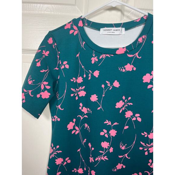 Sonnet James A Play Dress Short Sleeve Midi Teal Green with Pink Flower Pattern - Picture 2 of 7